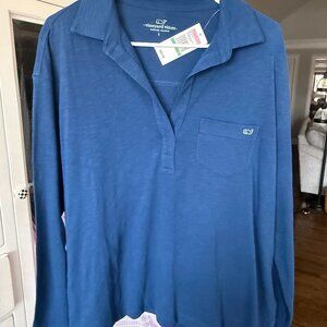 NWT Vineyard Vines Women's Popover Slub Polo Prussian Blue SIZE LARGE